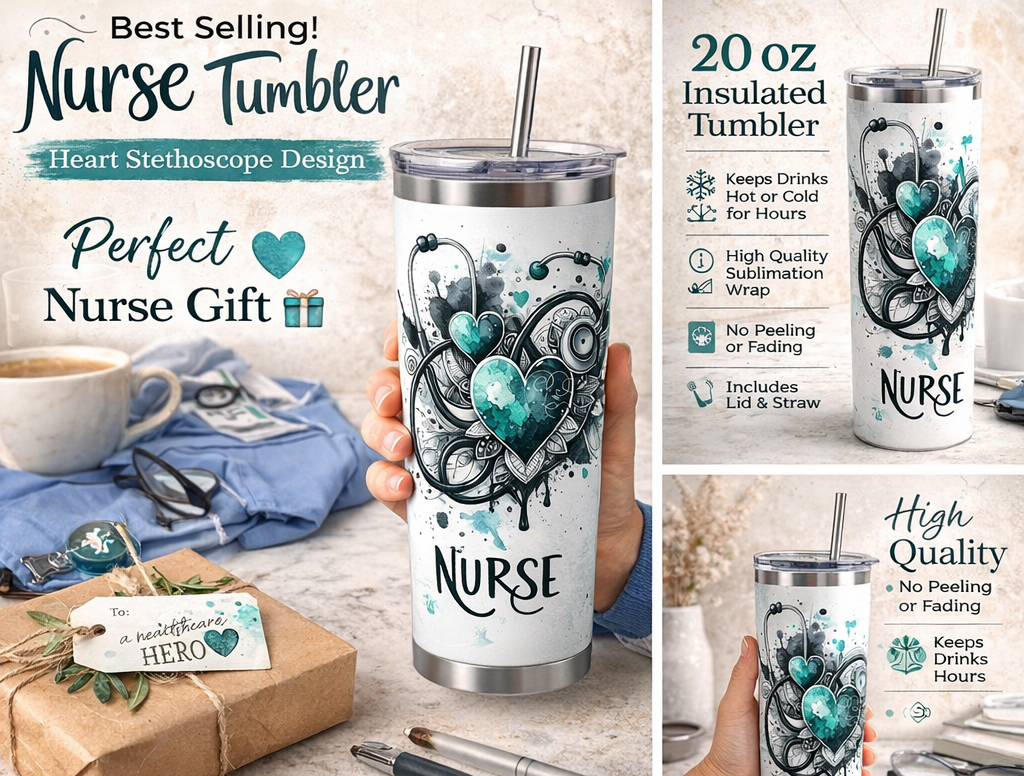 Nurse Tumbler | Stethoscope Heart Design, 20oz Stainless Steel Cup